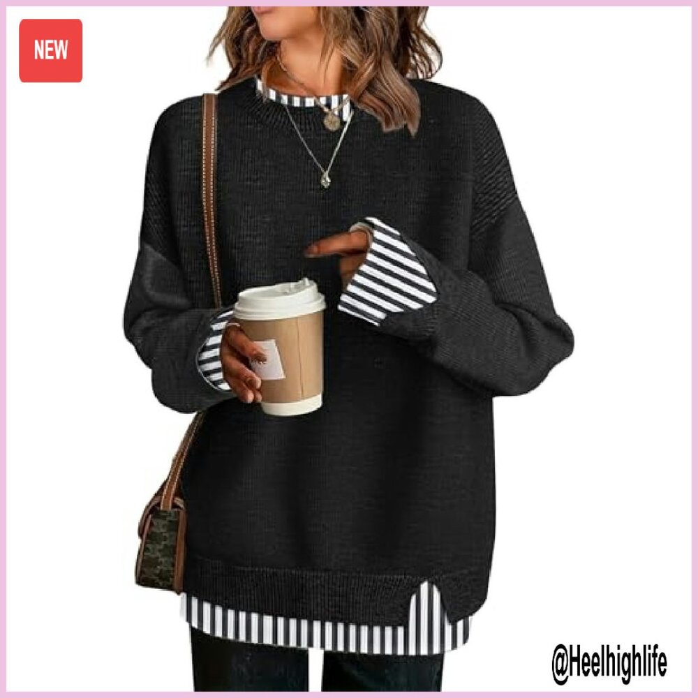 Oversized Knit Sweater Cozy Patchwork Pullover Te… - image 2